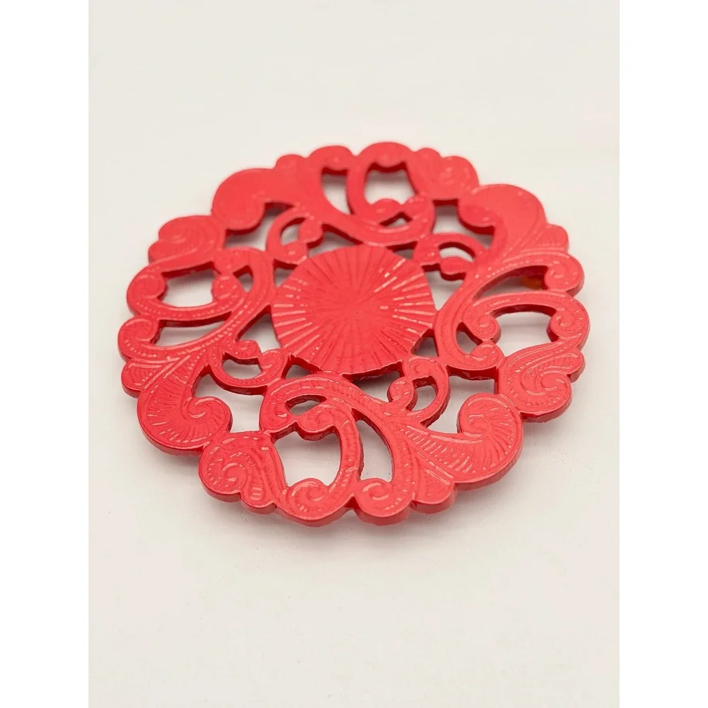 Vintage Red Cast Iron Trivet Round Enamel Filigree Scrollwork 8 Inch Hot Pad